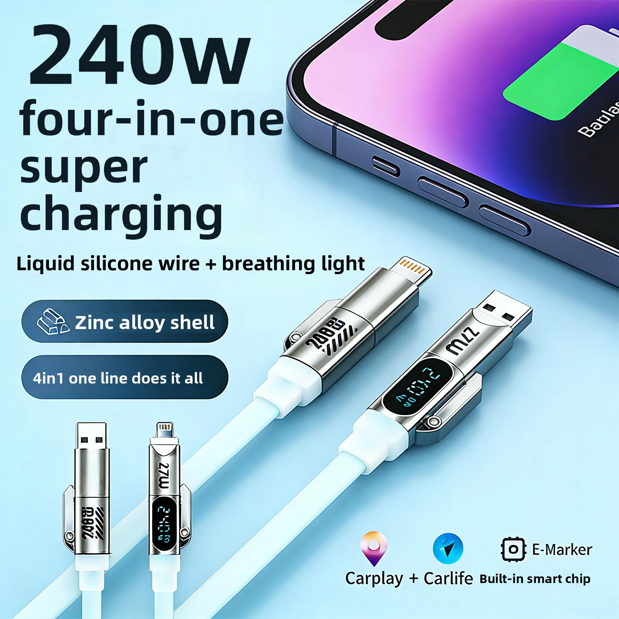 240W Digital Display Flash Fast Charging Cable, 4.9ft TypeC+Type C, Type C+Lightning, Data Sync Cable for Phones,Tablets and Computers., Smartphone, Cellphone, Electronic