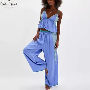 Women's Pajama Sets Lace Patchwork Spaghetti Strap Ruffled Cami Tops with Loose Pants 2Pcs Soft Sleepwear