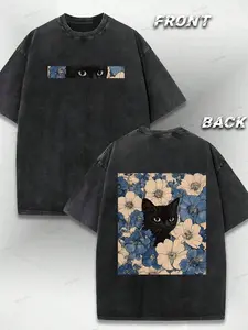 Vintage Distressed Double-Sided Print Graphic T-Shirt, Front Cat Eye Design Back Floral Cat Pattern, Casual Streetwear Y2K Trendy Top