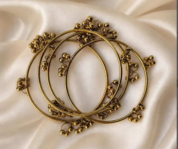 Antique Gold Kashmiri Ghungroo Bangles Set of 4, Traditional Jingle Bell Churi, Pakistani Jewelry, Vintage Bollywood Style Charm Bracelet