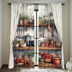 2 Pieces Vintage Kitchen Print Curtains, Stylish Rod Pocket Window Drapes for Bedroom & Living Room, Cozy Atmosphere Ideal for Cafes & Offices
