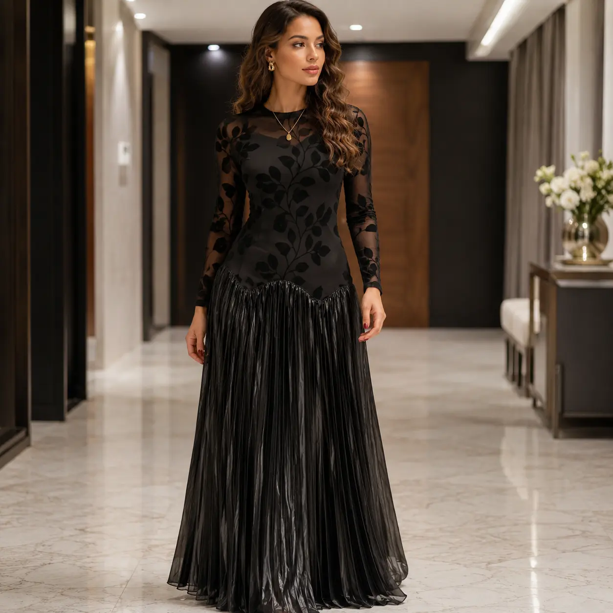 SELIA Noir Élégance Pleated Maxi Dress