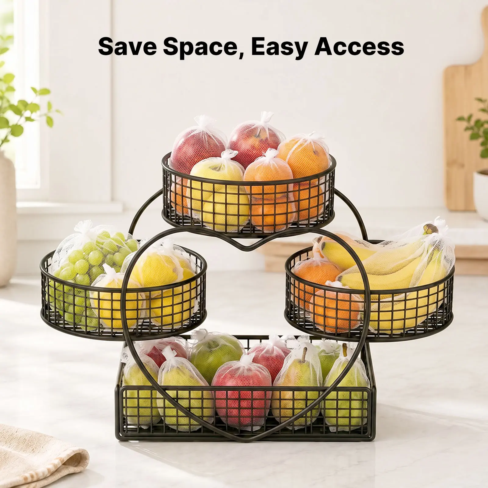 3D Black Heart Shape Heavy Duty Multi-Layer Basket-Style Metal Fruit Storage Shelf - Rust-Proof, Breathable 3-In-1 Kitchen Preserving Container with Storage Bag, Decorative Home Room Decor for Kitchen, Living Room
