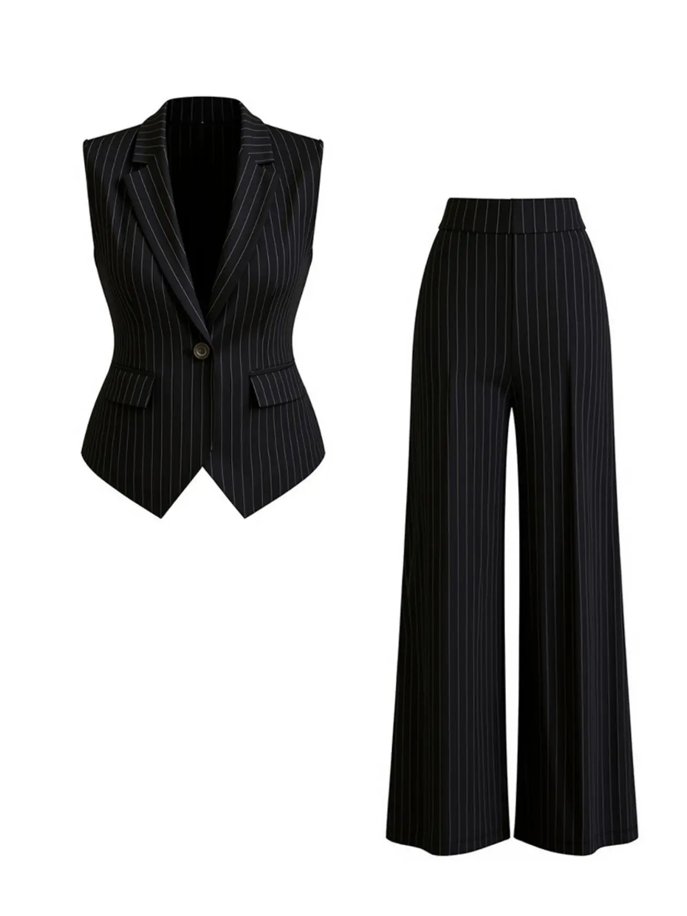 ZEEJINNG Women's 2-Piece Minimalist Chic Formal Business Suit Set - Fit Stretch Poly (Polyester-Elastane) Fabric, Striped Print, V-Neck Sleeveless Vest, Buttoned Tailored Black Pinstripe Blazer, High-Waisted Wide-Leg Pocket Trousers, Elegant, Basic