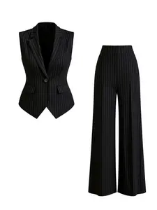 [Stock from US] Tailored Black Pinstripe Sleeveless Blazer Wide Leg Trousers Office Suit Set Elegant Style Fit