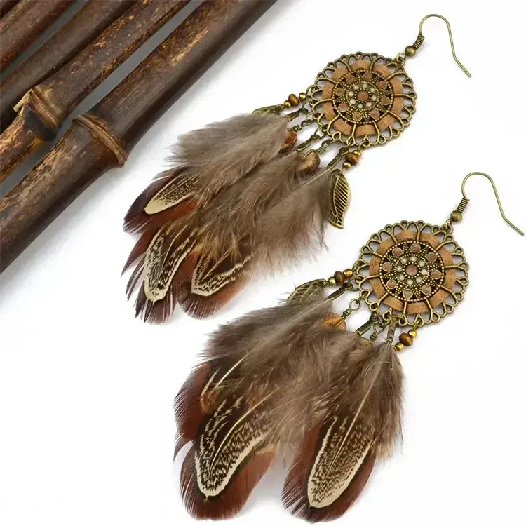 Fashion Long Tassel Brown Feather Bride Wedding Earrings Bohemian Vintage Wooden Beads Dangle Earrings For Women Indian Jewelry Fashion Long Tassel Brown Feather Bride Wedding Earrings Bohemian Vintage Wooden Beads Dangle Earrings For Women Indian Jewelry
