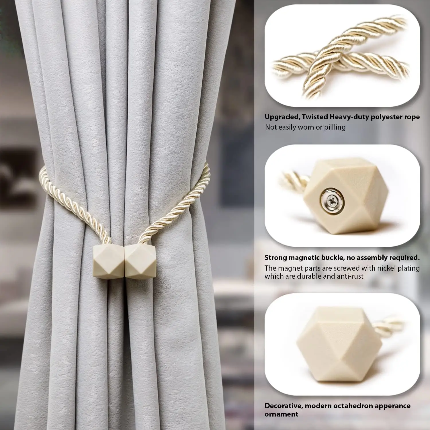 2pcs Curtain Hanger Decoration Tie, Curtain Tie Backs For Curtains, Strong Magnet Twisted Rope, Suitable for Living Room Office Home Decor, Easy Install & Durable Design, Interior Decoration Accessories