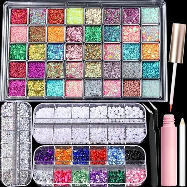 FANDAMEI Face Glitter Rhinestones Kit, 40 Colors Gel Palette, 2 Boxes Rhinestones for Face Nail Clear&Colorful, 1 Box Pearl Gems with Makeup Glue. Glitter for Women Girls Kids Makeup