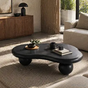 47-Inch Cloud-Shaped Contemporary Coffee Table, Black Indoor Living Room Furniture with 3 Ball Legs, Ball Feet