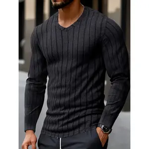 Men'S Fashion Top T-Shirt, Casual Long-Sleeve V-Neck Henley Shirt with Ribbed Texture for Autumn And Winter