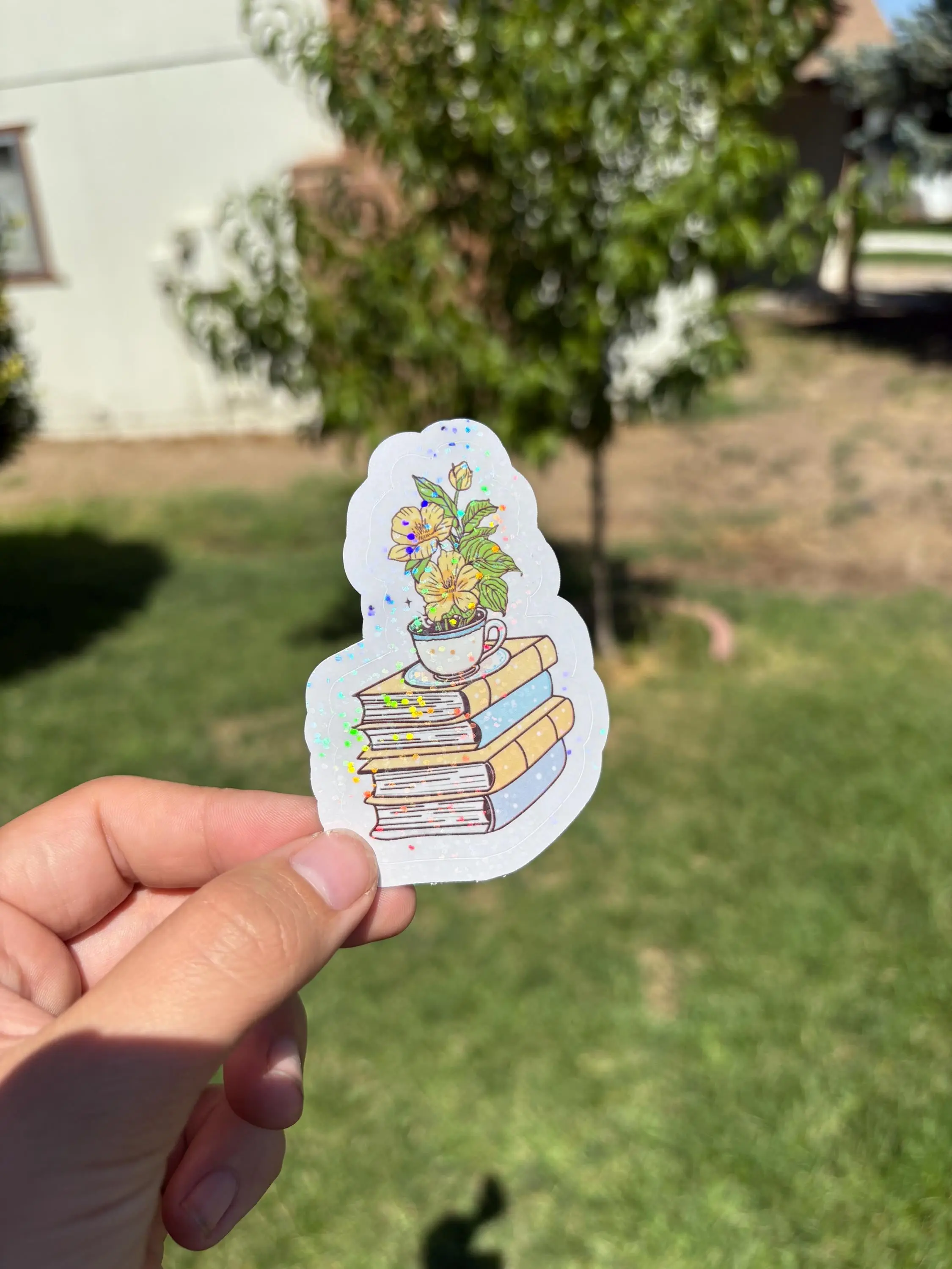 Floral Book Stack Sticker - Waterproof Holographic Decal with Vintage Volumes, Teacup & Flowers for Literary Enthusiasts (DIY Scrapbooking & Stamping Accessory)