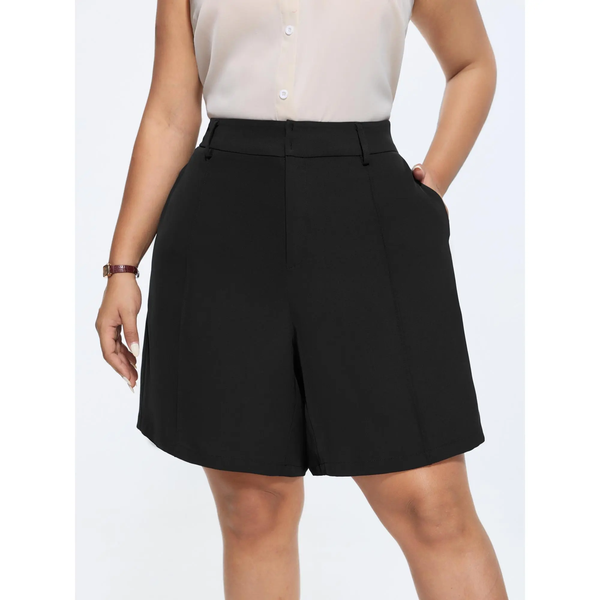 BloomChic Women's Plus Size Office Knee Length Shorts with Smocked Waist and Pockets, Pull-On Stretch Fabric Garment, Basic, Bottoms, Mid Rise, Office Wear, Polyester Blend, Pockets Side, Above Knee Shorts, Cold Wash, Machine Wash, No-Belt, Shirred, Solid