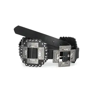 Boho 1pc Ladies' Fashionable Western Cross Buckle Leather Belt With Silver Studs Halloween