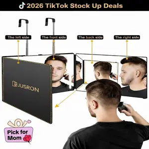 [Stock Up Deals] JUSRON 360°  3 Way Mirror with LED Light, Adjustable Portable Barber Trifold Mirror for Self Grooming,Suitable as a gift