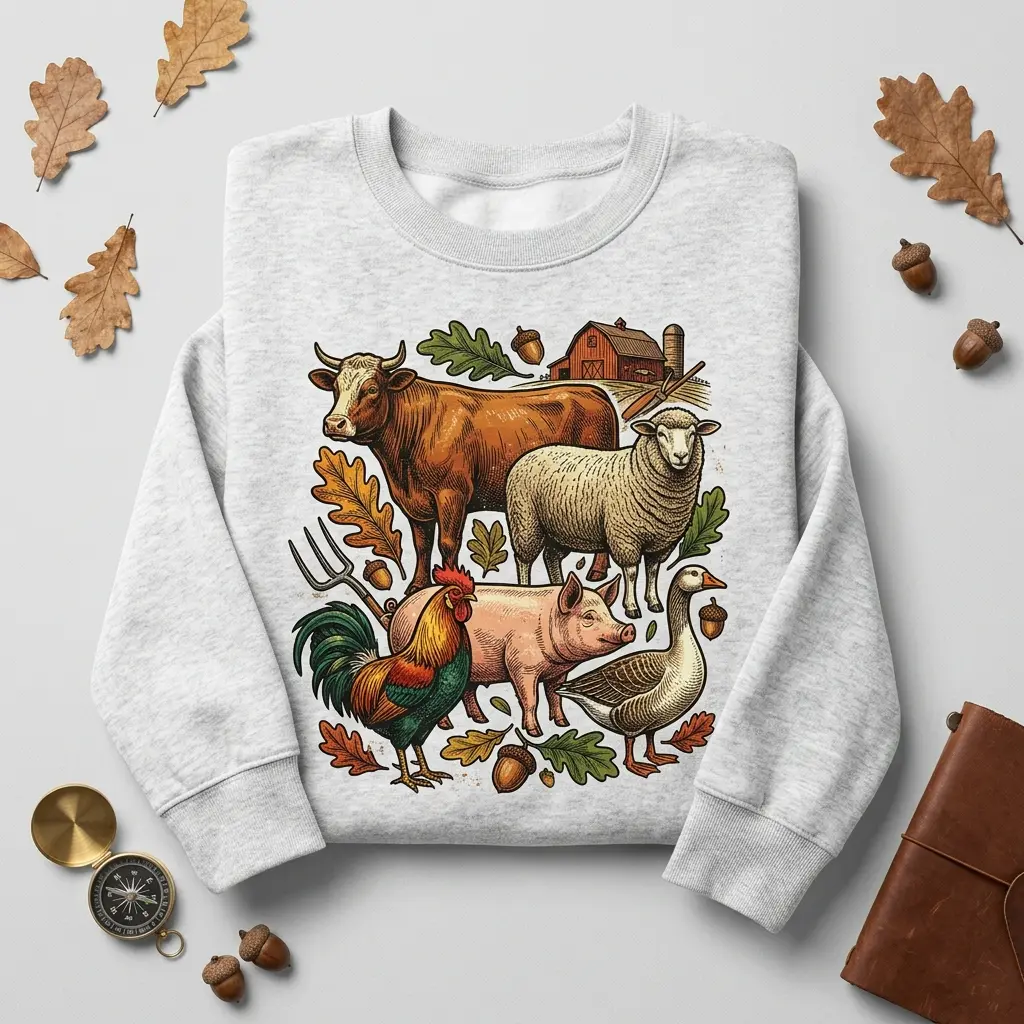 Women's Cotton Heritage Farm Animal Collage Pullover Sweatshirt, Unisex Gildan 1800