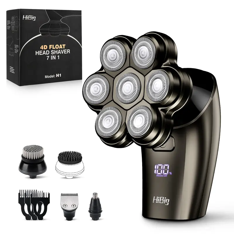 HiBig 7D Electric Shaver for Head & Body - 5-in-1 Professional Beard Trimmer & Grooming Kit, Waterproof Rechargeable Skull Shaver, Cordless Hair Clipper with Rotary Floating Blade Heads, Ideal Gift for Men