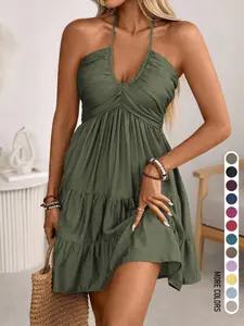 Women's Summer Daily French Retro Vacation Mediterranean Lazy Style Backless Tie Layered Cake Hem Sleeveless Cami Halter Neck Dress Home Outdoor City Regular Trendy Casual Elegant Youthful Simple Versatile Texture Temperament Artistic