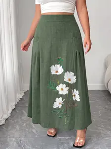 Plus Size Women's Ethnic Floral Print A-Line Skirt, Elastic Waist Comfortable No Pressure, Perfect for Daily Wear, Travel, and Vacation