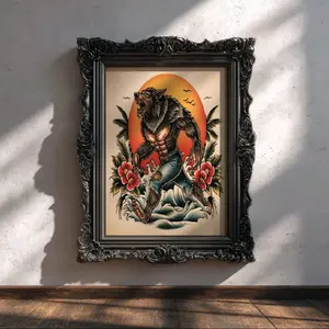 Wolfman Vintage Tattoo Flash Art Print – Retro Horror Wall Decor, Classic Monster Illustration, Werewolf Halloween Poster