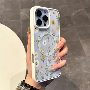 Magnetic Compatible Case for iPhone 17 16 E Pro Max 15 Plus 14 13 12 11 XS XR, Kawaii Neutral Toned Floral Pattern | Lightweight, Shockproof, Silicone, Aesthetic, and Scratch Resistant