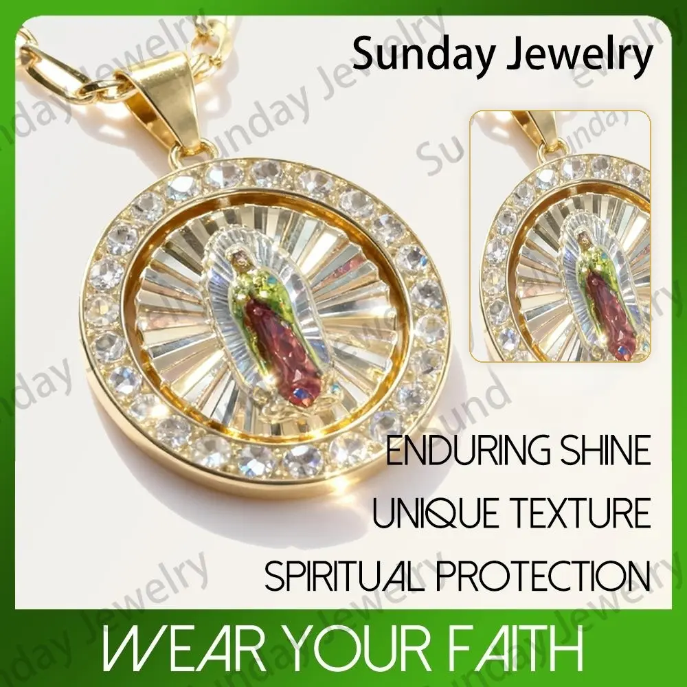 Sunday Jewelry 14K Gold Plated Our Lady of Guadalupe Pendant Necklace with CZ Stones Virgin Mary Medallion Catholic Religious Jewelry Amulet for Women Men