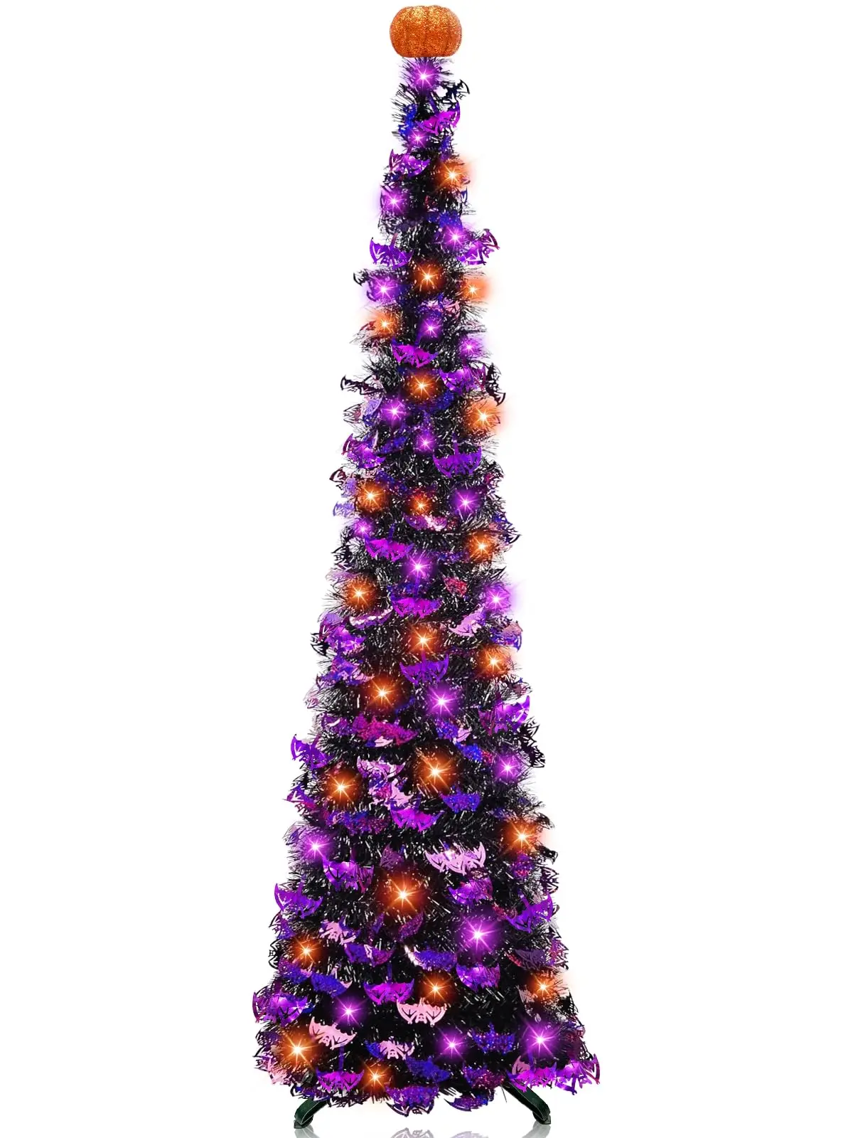 Timer & 8 Modes - 6 Ft 60 LED Pop Up Halloween Tinsel Tree, Orange Purple Lights with Timer 8 Modes, Black Collapsible Tree with Bats for Porch Party Halloween Decor