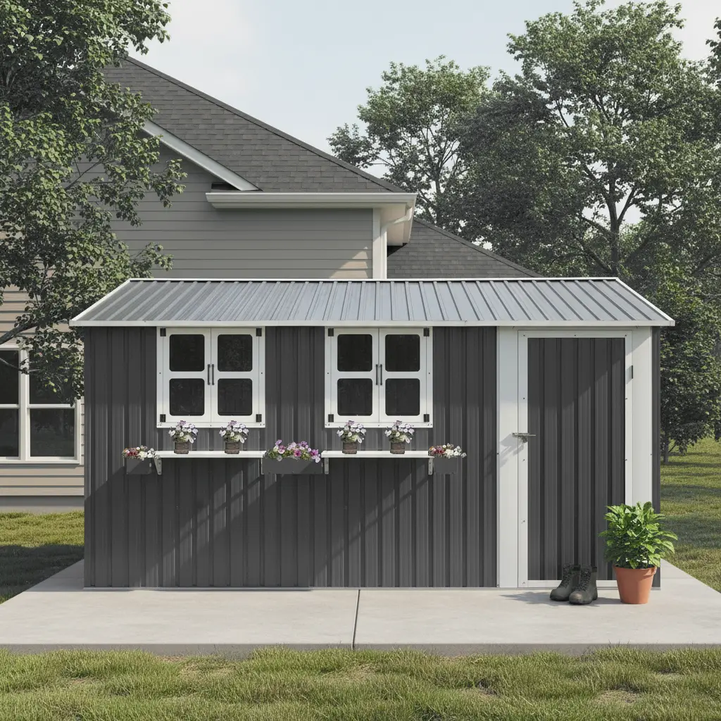 12x10 FT Heavy Duty Steel Garden Shed, Waterproof Low-Maintenance Outdoor Storage with 3 Transparent Windows, Decorative Flower Rack, Lockable Door & Ample Storage for Backyard, Patio – Assembly Required for Gardening Tools