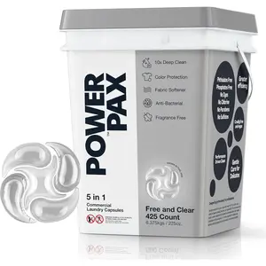 PowerPax 5-in-1 Commercial  Detergent Capsules, Free and Clear Unscented, 425 Capsules - Stain Remover, Odor Eliminator, Color Booster, Fabric Softener for Everyday  Use