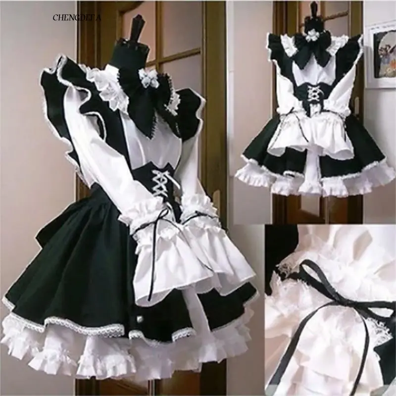 (New) CHENGDEFA Women's Cute Flower-Embellished Bowknot Apron Dress, Women's Clothes for Lolita Cosplay Maid Cafe Events, Soft Black-White Cosplay Clothes Set, Uniform, Costume, Accessories, Lady, Asian, Cafe Cosplay Ready
