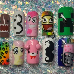 Scene Kid Cartoon Press On Nails, Y2K Emo Kawaii Nails, Rainbow Character Acrylic Nails, Creeper Gamer Nail Set