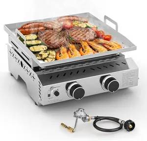 Tabletop Gas Grill, Stainless Steel Propane Grill 2 Burners (16,000 BTU Total), Portable 23 Inch Propane Gas Grill Griddle with Handle for for Camping, Outdoor & Tailgating Barbecue
