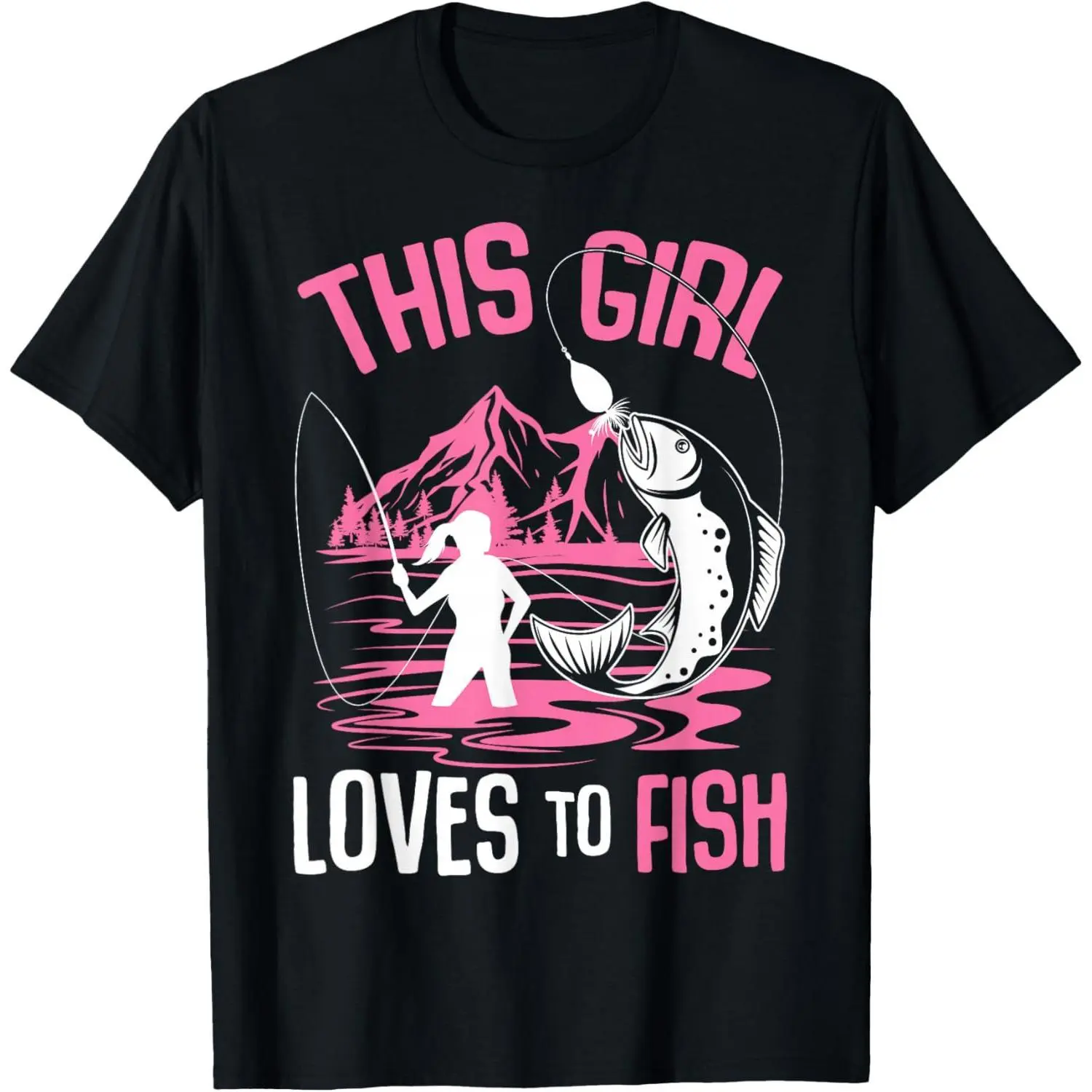 Women's Fishing Tshirt with "This Girl Loves To Fish" Slogan, Streetwear Fashion Regular Fit Design in a Soft Breathable Fabric, Casual Wear, Short Sleeves, Moisture Absorb, Graphic Print, Round Neck, Funny