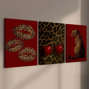 3-Pack Wood Frame Canvas Posters, Vintage Leopard Print, Modern Art, Waterproof, Ideal for Living Room, Bedroom, Office Walls
