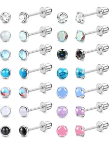 Tiny 14 Pairs Colorful Hypoallergenic Flat Back Stud Earrings Trendy Surgical Steel Screw Back Ear Studs for Women Men Shining CZ Cubic Zirconia Studs Opal Moonstone Turquoise Screw Back Earrings Studs Set Piercing Jewelry Set