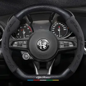 Car Emboss Suede Carbon Fiber Steering Wheel Cover, Compatible with Alfa Romeo Gt 147 156 159 166 Giulia Tonale Stelvio Giulietta Mito Milano