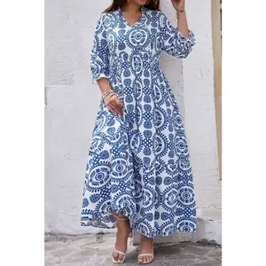 Sky Blue Geometric Print Lace-up Notch Neck Plus Size Maxi Dress