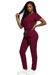 Women's Stretch Scrub Set That Breathes! Featuring a trendy wide-leg style with multiple pockets, this smooth, quick-drying Workwear uniform lets you say goodbye to wrinkles & stuffiness for work and beyond.