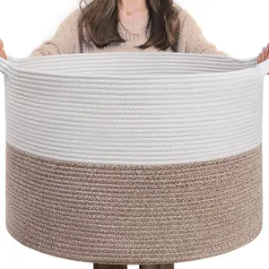 XXXLarge Cotton Rope Basket 21.7" x 21.7" x 13.8" Woven Baby Laundry Blanket Basket Toy Basket with Handle Storage Comforter Cushions Thread Laundry Hamper - Shelf Baskets Organiser