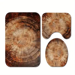 3pcs Bathroom Anti Slip Pad Set, Brown Tree Stump Annual Ring Print, Soft Flannel, Non Slip Bathroom Mat, U-Shaped Toilet Mat, Toilet Lid Mat, Bath Mat Rug, Fashionable Modern Design, Versatile Home Decor, Bathroom Decor/Accessories