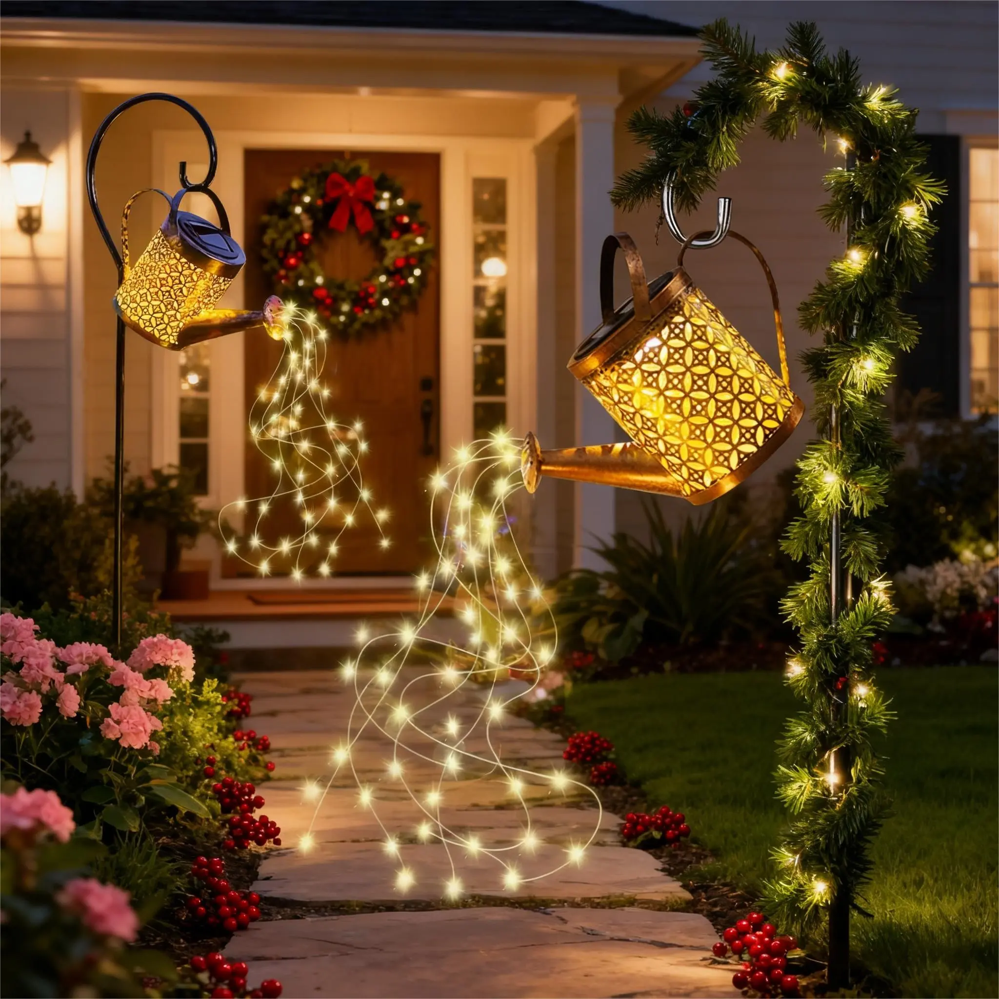 Solar Copper Kettle Waterfall Outdoor Light - Solar Powered, Battery-Powered, IP44 Water Resistant, Warm White LED Sensor Auto-On, Low Maintenance Eco-Friendly Gift for Mom, Garden Patio Front Porch Display