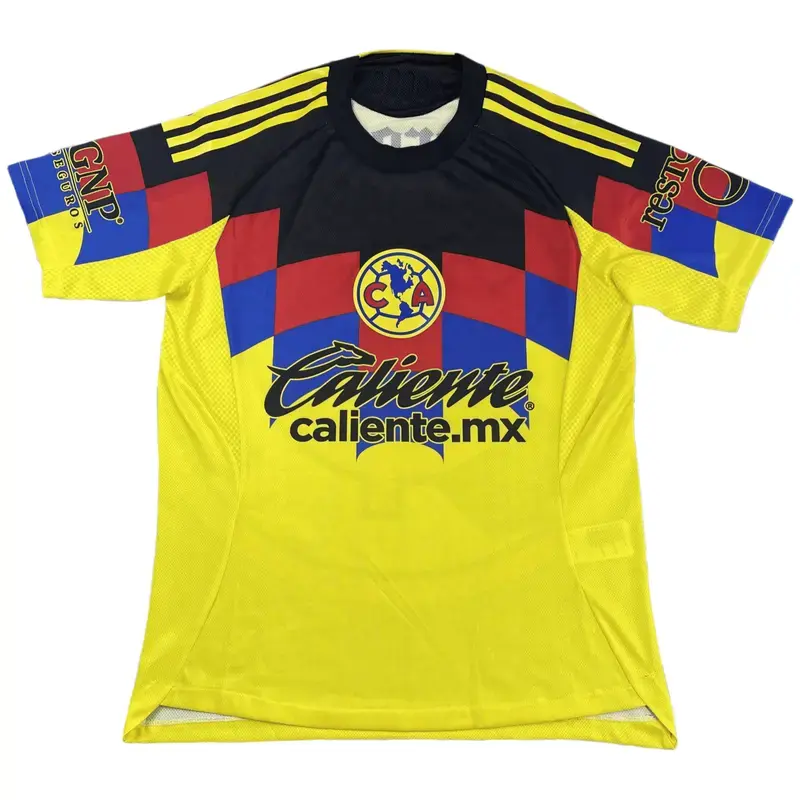 2025 2026 Home Retro Yellow Multi Color Block Short Sleeved Club America Soccer Jersey
