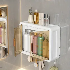 1Pc wall-mounted bathroom locker, with easy-to-use cosmetic storage organizer, space-saving toiletries design, suitable for small spaces and shower areas, white gold, size 41 * 32cm