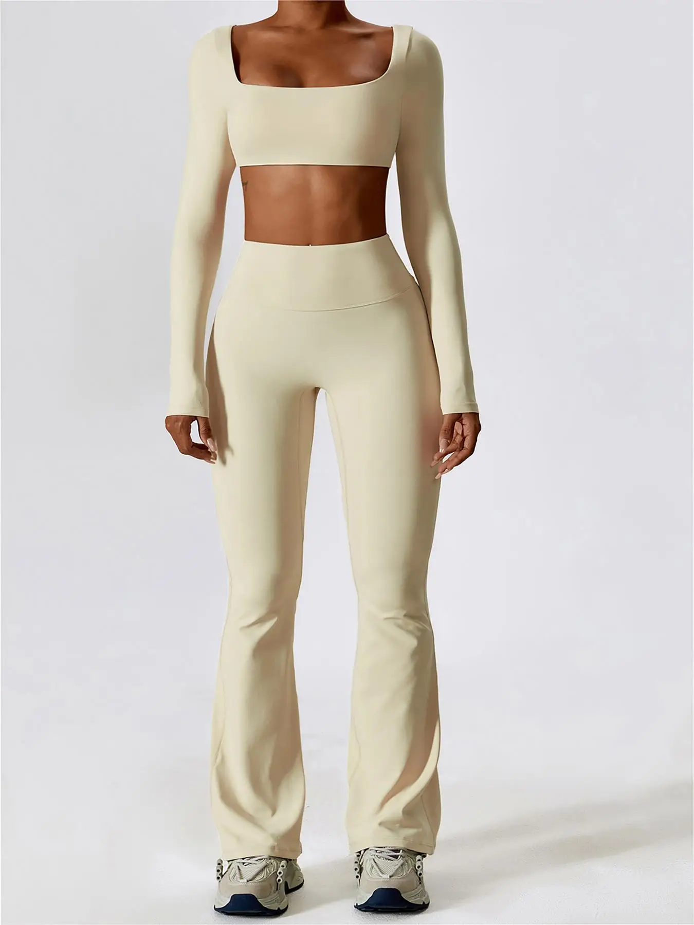 Women's Solid Square Neck Crop Top & High Waist Flare Leg Pants Tracksuit Set, Sporty Comfy Breathable Long Sleeve Cropped Top & Bell Bottom Trousers