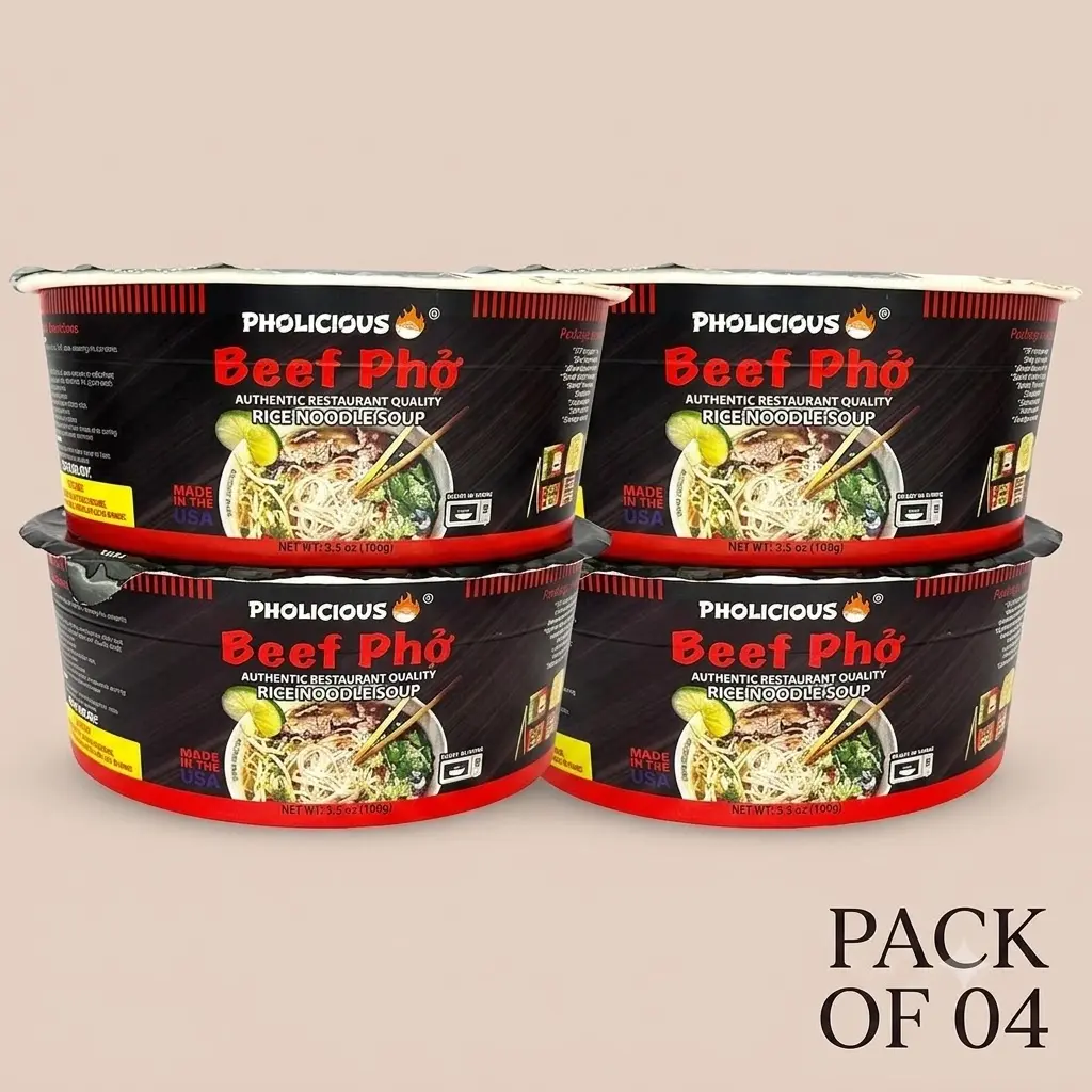 Instant Beef Pho, Authentic Vietnamese Rice Noodle Soup Kit with Spices & Broth Mix, Ramen Noodles Alternative, Quick Microwave Meal - Pho Noodles Bowl - Beef Flavor (4 Pack)