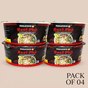 Instant Beef Pho, Authentic Vietnamese Rice Noodle Soup Kit with Spices & Broth Mix, Ramen Noodles Alternative, Quick Microwave Meal - Pho Noodles Bowl - Beef Flavor (4 Pack)
