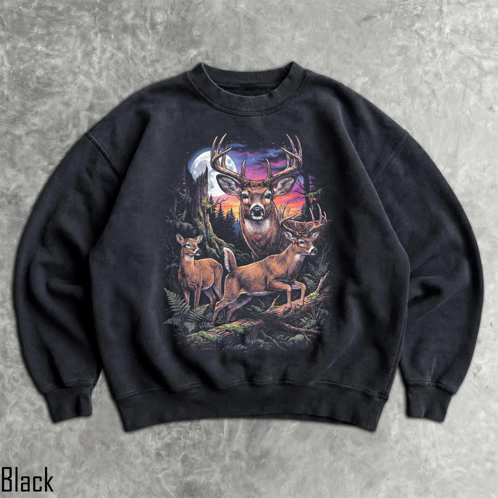 Vintage Deer Buck Full Moon Forest Sunset Graphic Sweatshirt And T-Shirt | Hunting Wildlife Outdoorsy Aesthetic Graphic Pullover Nature Lover Gift