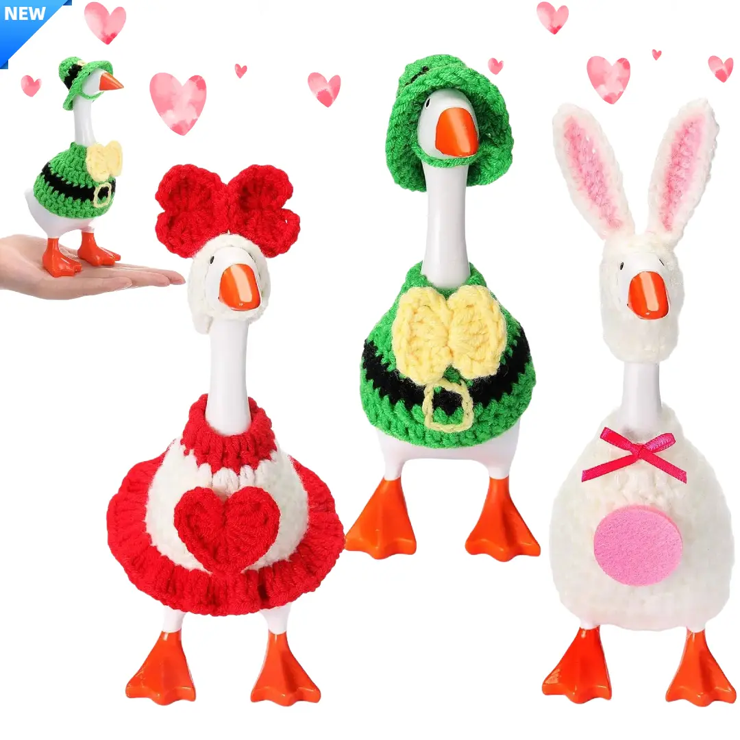 7'' Desk Goose Outfits Set - Holiday Decoration Accessories Ornaments with Heart, Shamrock, Bunny Hats for Valentine's Day, St. Patrick's Day - Ideal Gift for DIY Knitting & Crochet Enthusiasts
