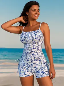2026 Summer Blue Printed Women's Tank Bikini Set with Drawstring Side Ruched Top and Matching Boyshorts, Tummy Control Two-Piece Swimsuit Suitable for Beach Pool Vacation