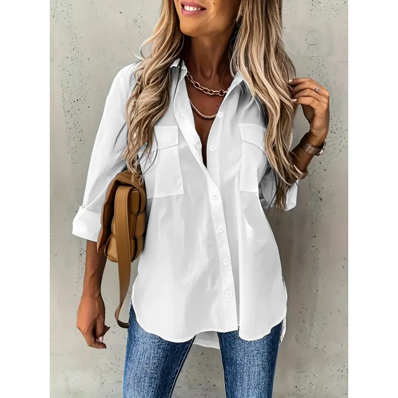 Elegant Light Blue Long Sleeve Blouse for Women - Semi-Sheer, Button-Up Shirt with Collar & Chest Pockets, Machine Washable, Polyester, Perfect Spring Summer, Ladies Blouses