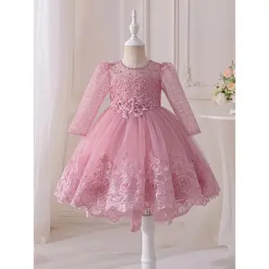 NewYoung Girls Sparkling Red Girls Princess Tutu with Lace and Beaded Detail - Elegant Long Sleeve Net Dress for Weddings, Piano Colored Birds and Formal Events, All Season Polyester Party Dress, Wedding Guest Dress